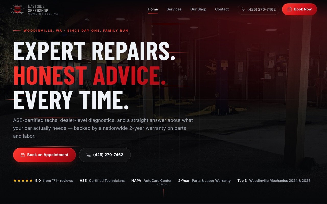 The Eastside Speedshop homepage: a dark site over a photo of the workshop floor, headed "Expert repairs. Honest advice. Every time." with a Book an Appointment button.