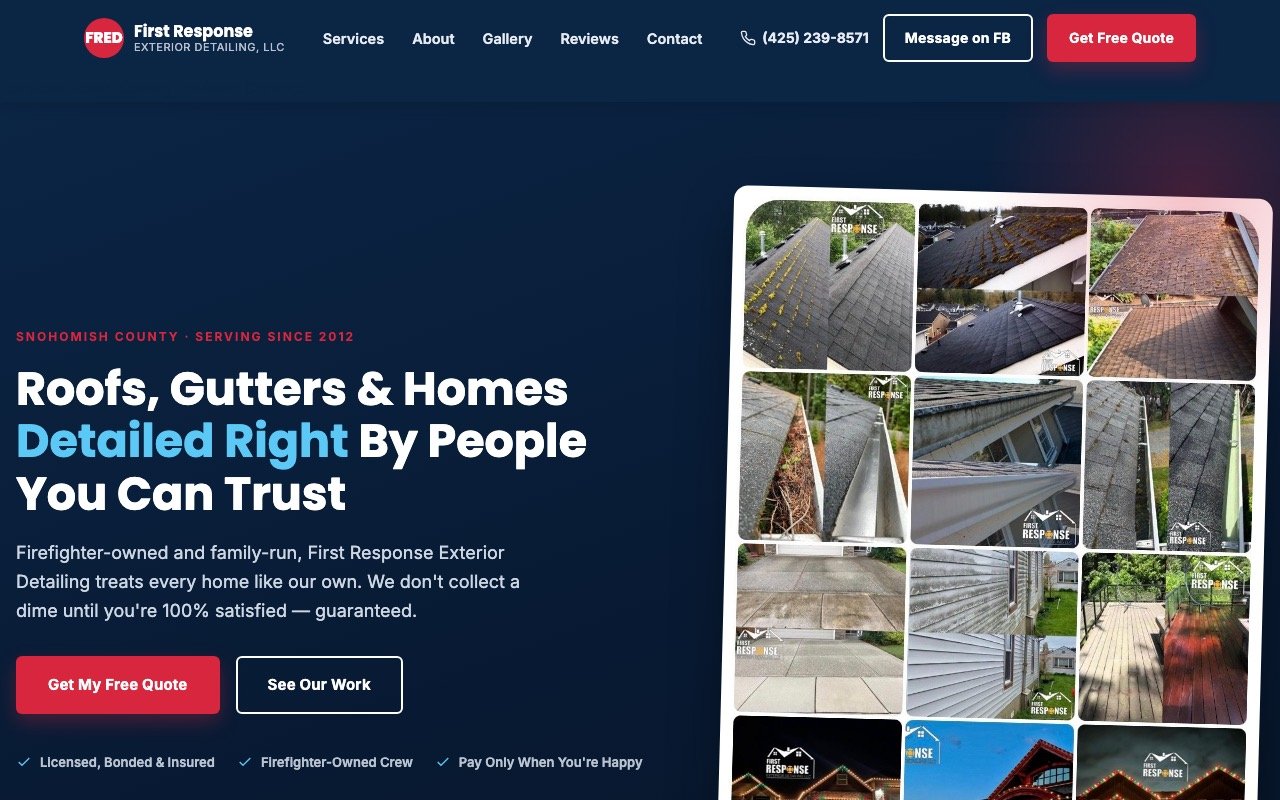 The First Response Exterior Detailing homepage: a navy single-page site headed "Roofs, Gutters & Homes Detailed Right" beside a grid of before-and-after job photos.